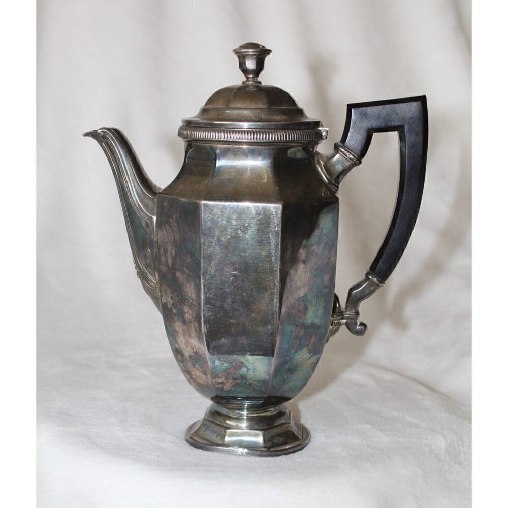 Antique Christofle France silver plated pitcher hot water wood handle art Deco